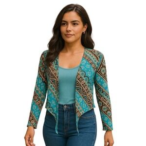 Vibrant Tribal Print Kimono Jacket Blue Brown‎ Black Size M Boho Chic NWT